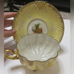 Vintage Yellow Gold Fluted  Tea Cup And Saucer Fruit 3 Legged Cup Made In Japan